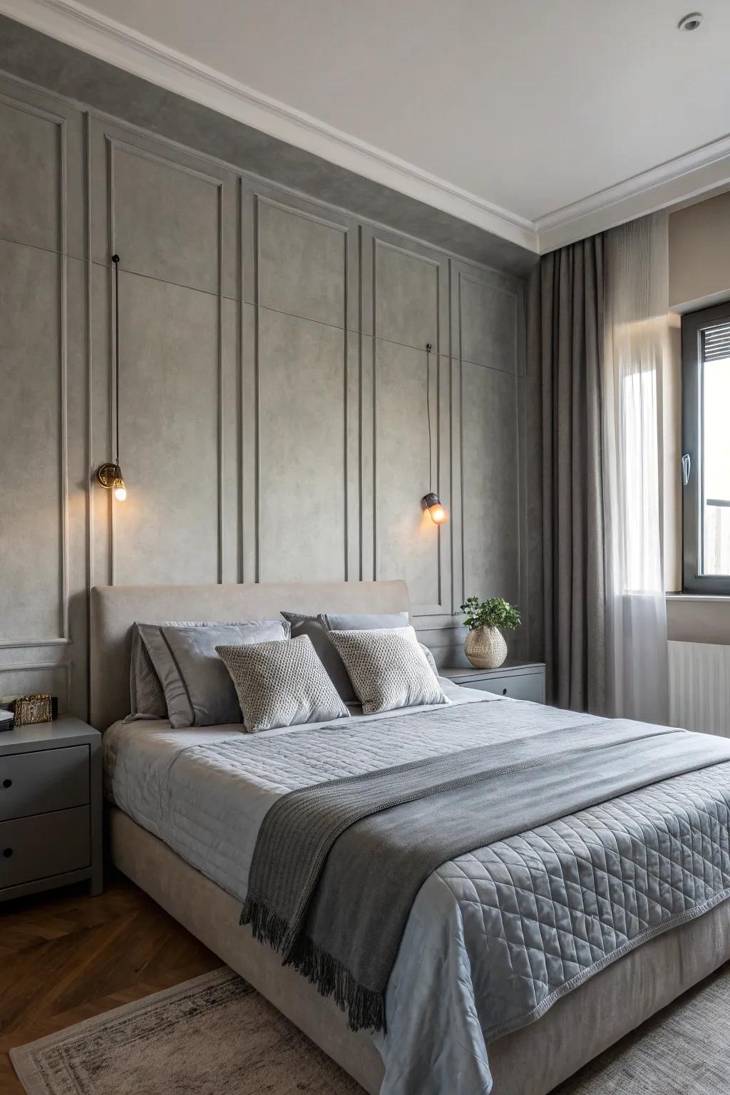 A dynamic bedroom with layered gray tones.