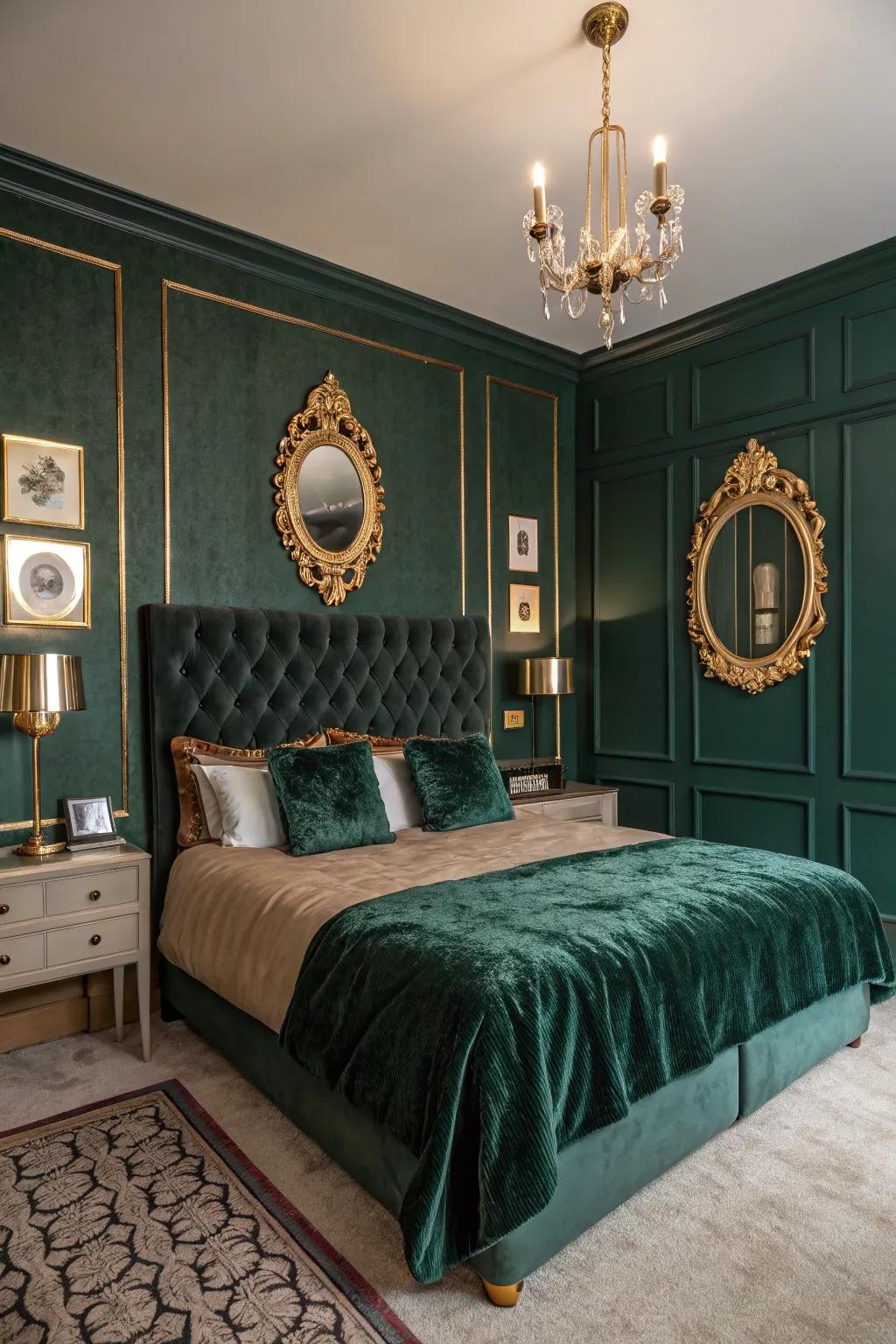 Dark emerald green adds vintage glamor to this bedroom.