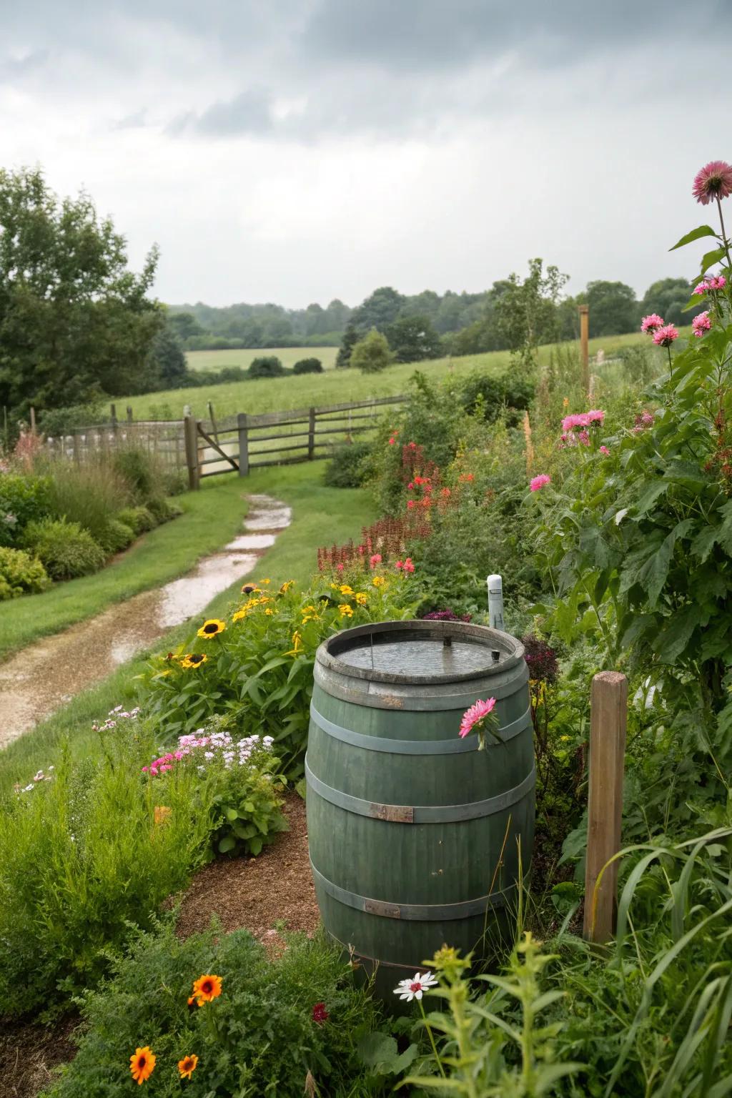 A garden benefiting from a rainwater collection system.