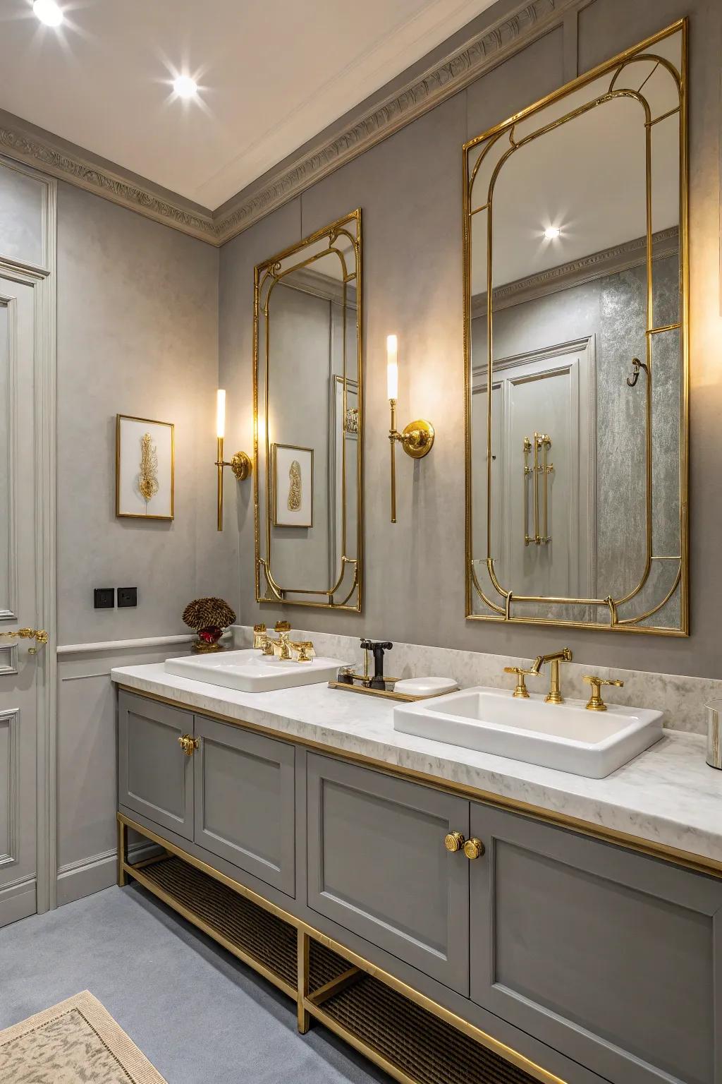 Grey walls and gold accents create an artistic and luxurious bathroom design.