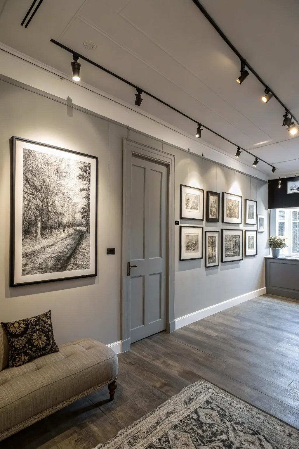 Black and white art adds timeless flair to this grey room.