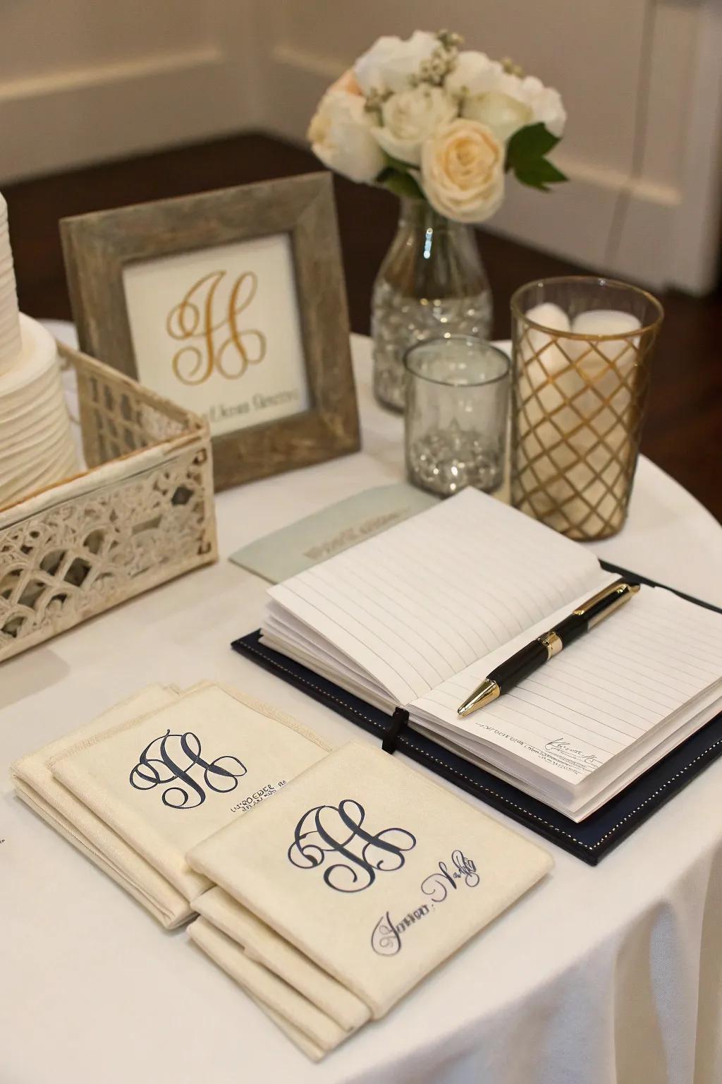 Monogrammed items personalize the guest book table.