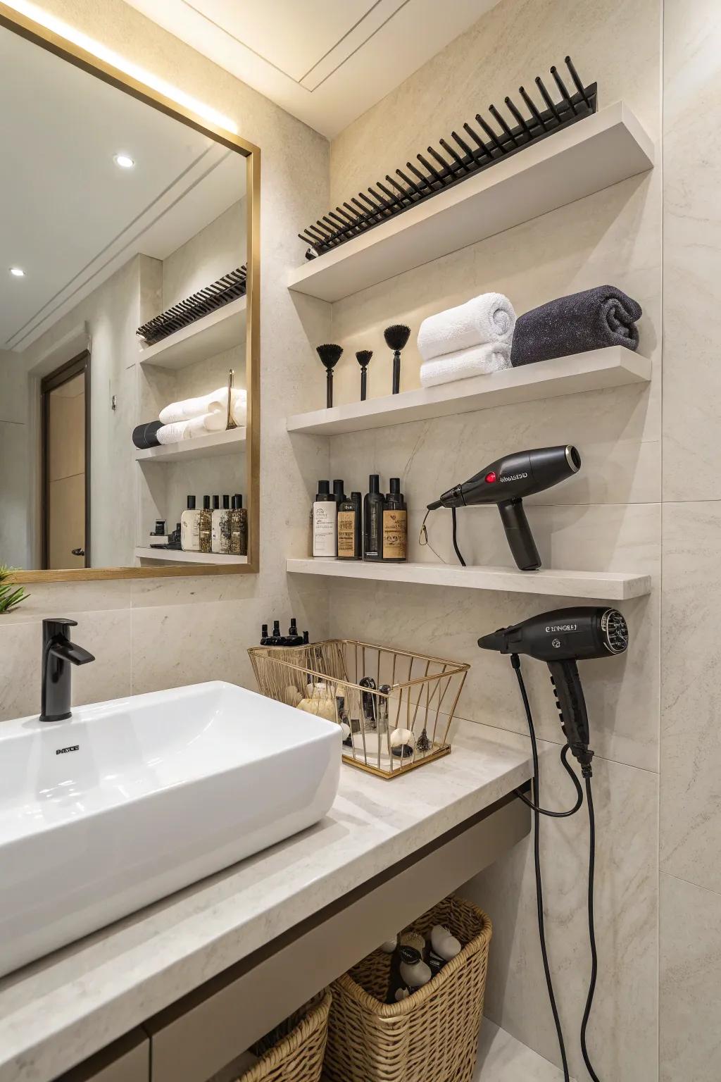 Minimalist floating shelves for a clutter-free and open bathroom.