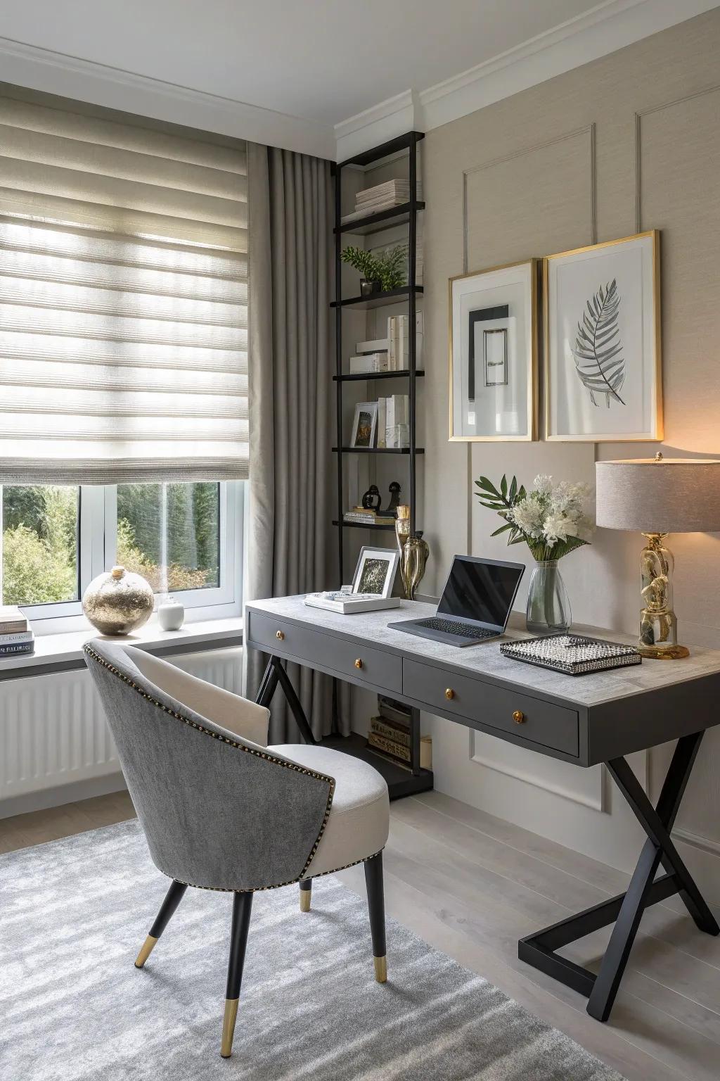 Chic home office with half blinds.