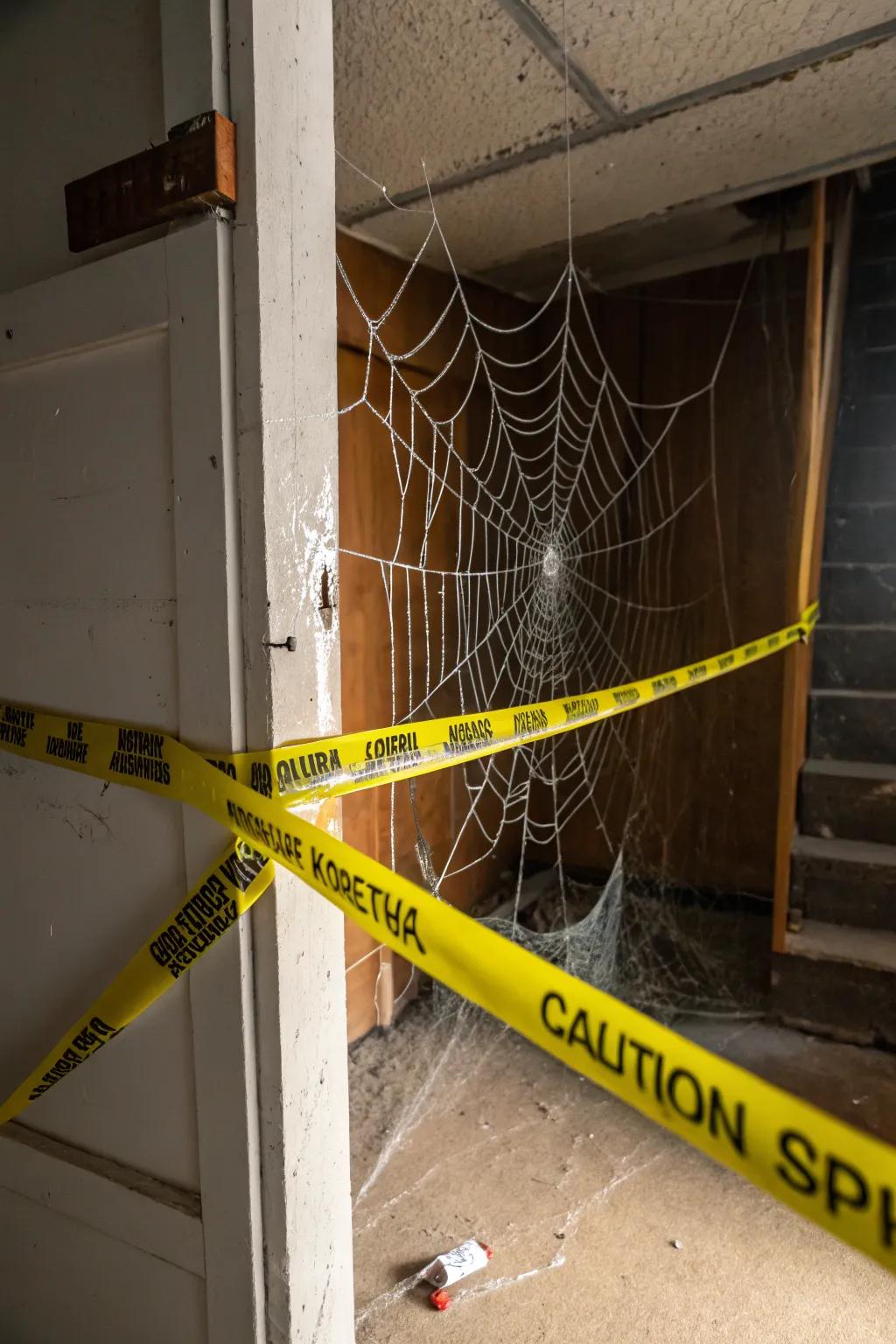 A creepy corner with caution tape and spider webs.