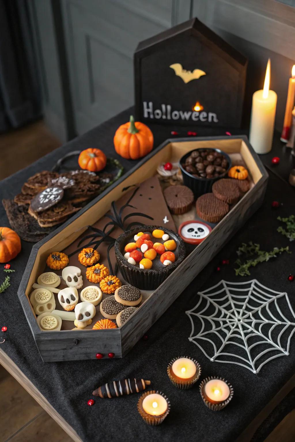 Serve treats from a coffin-shaped snack table.