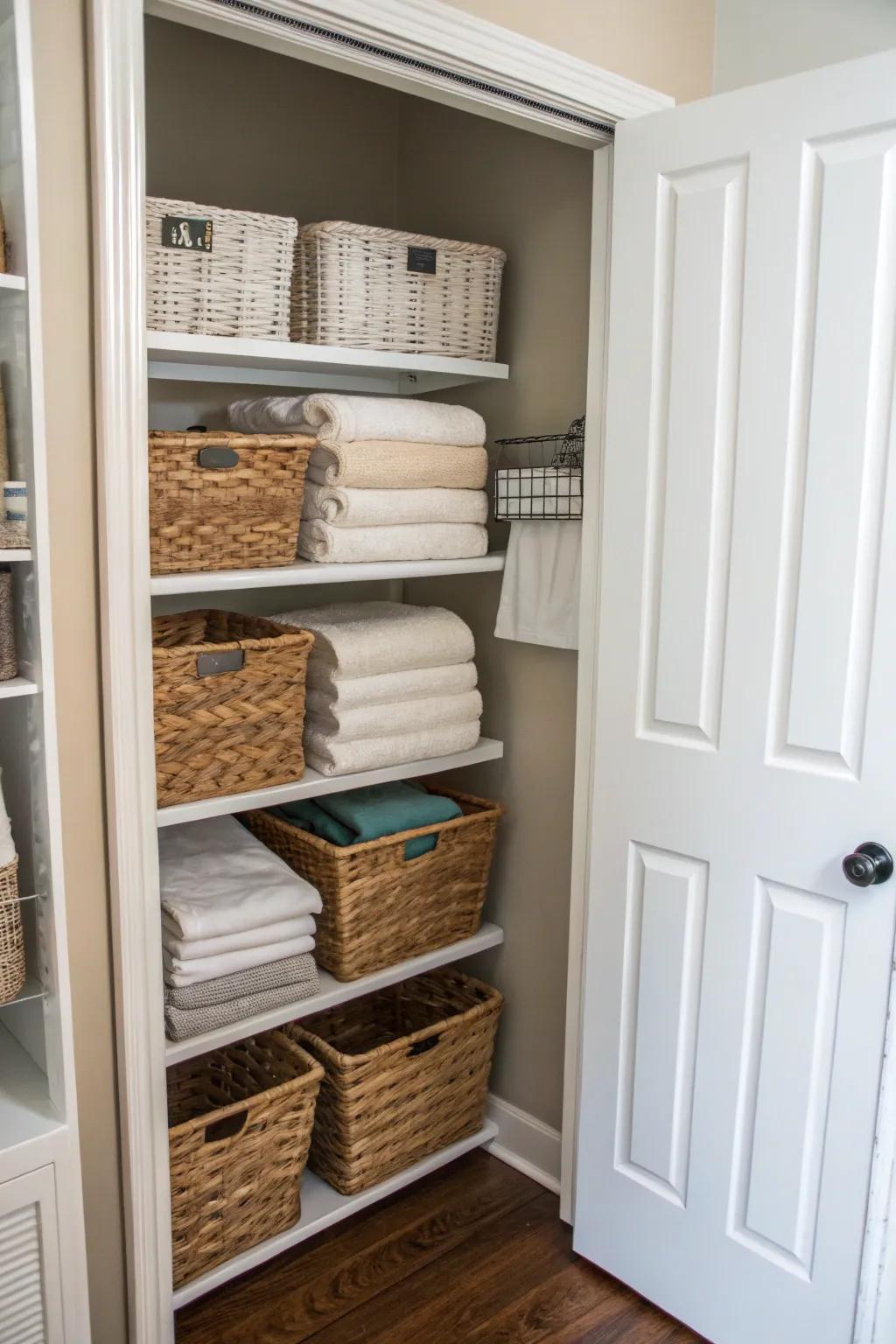 Hanging baskets maximize under-shelf space efficiently.