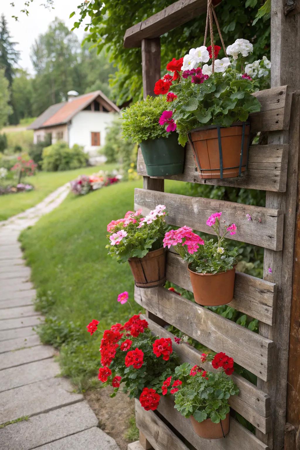 Pallets offer an eco-friendly backdrop for geraniums.