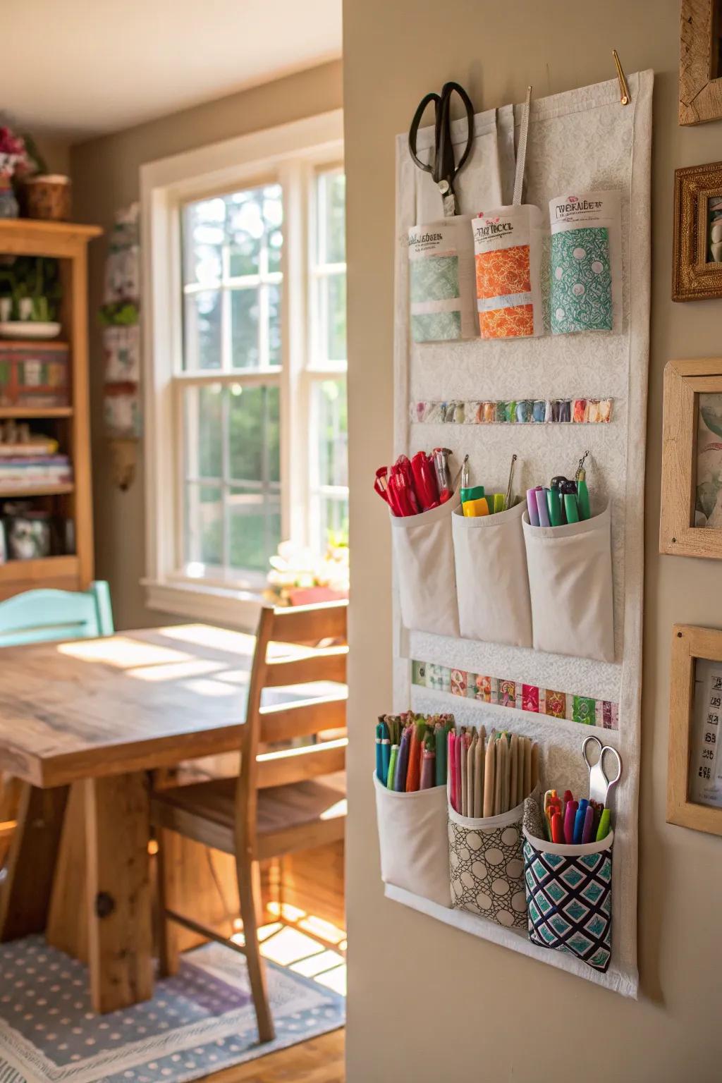 Craft rooms thrive with organized wall-mounted supply holders.