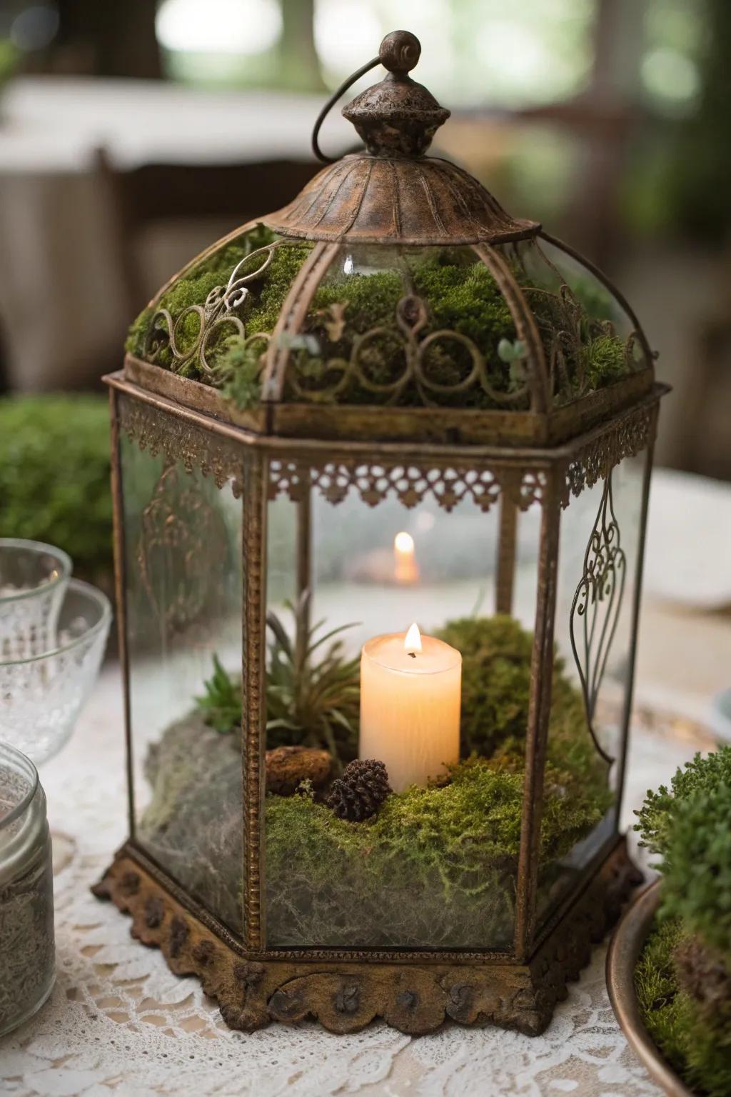 A vintage-inspired terrarium with moss and candlelight.