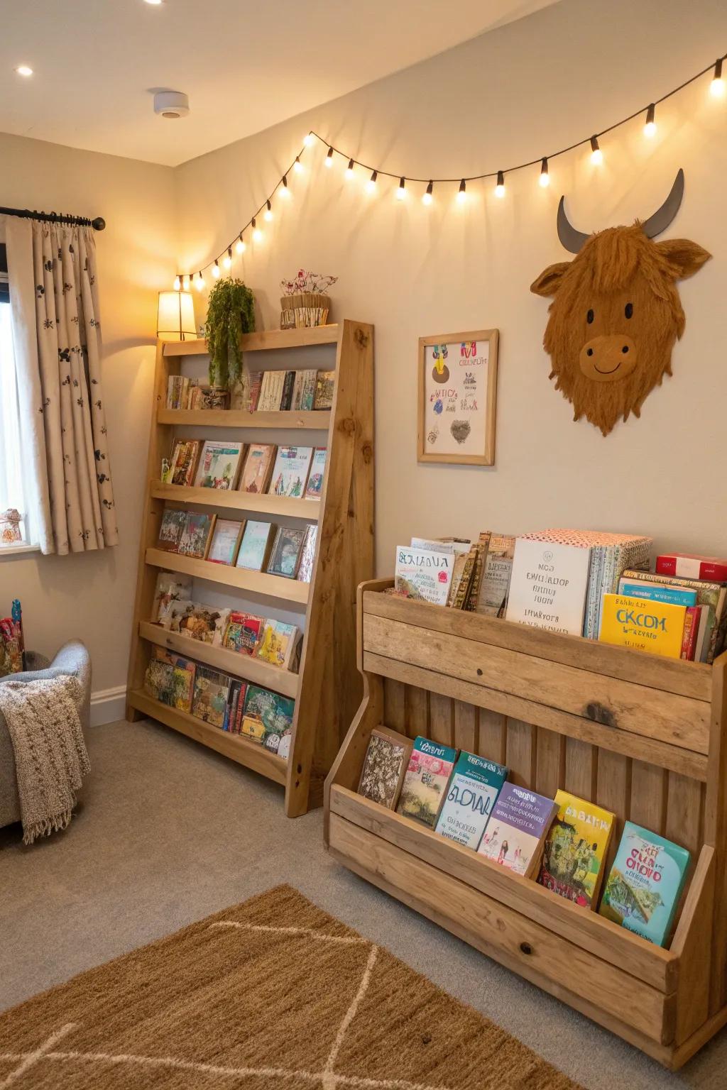 Rustic bookshelves offer charm and practicality.