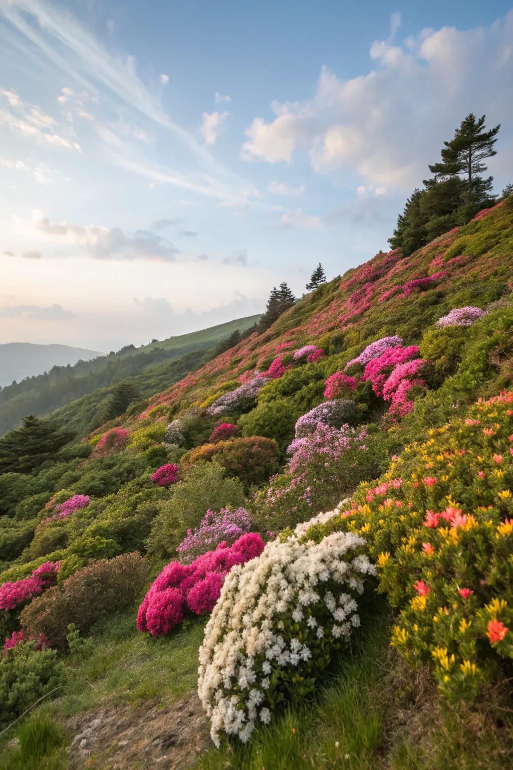 Flowering shrubs add year-round color and interest to hillside gardens.