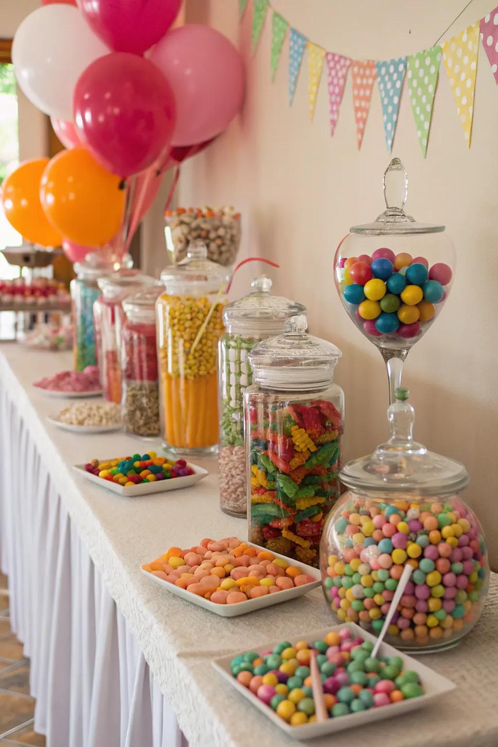 A vibrant candy buffet that serves both as a treat and decoration.