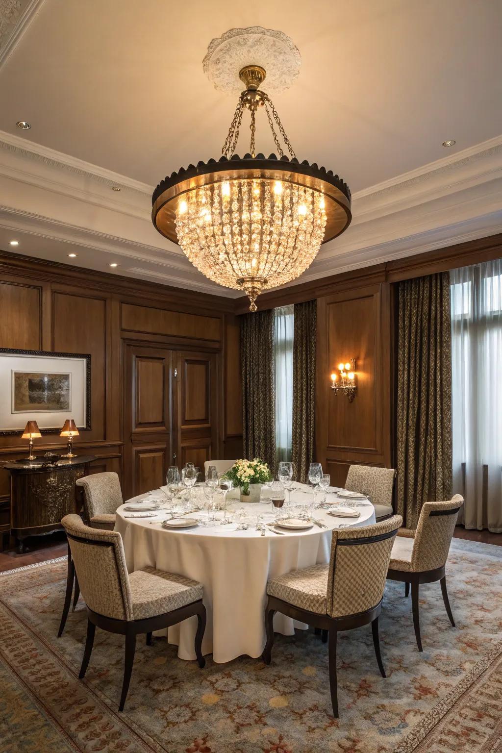 Chandeliers set the tone in dining rooms.