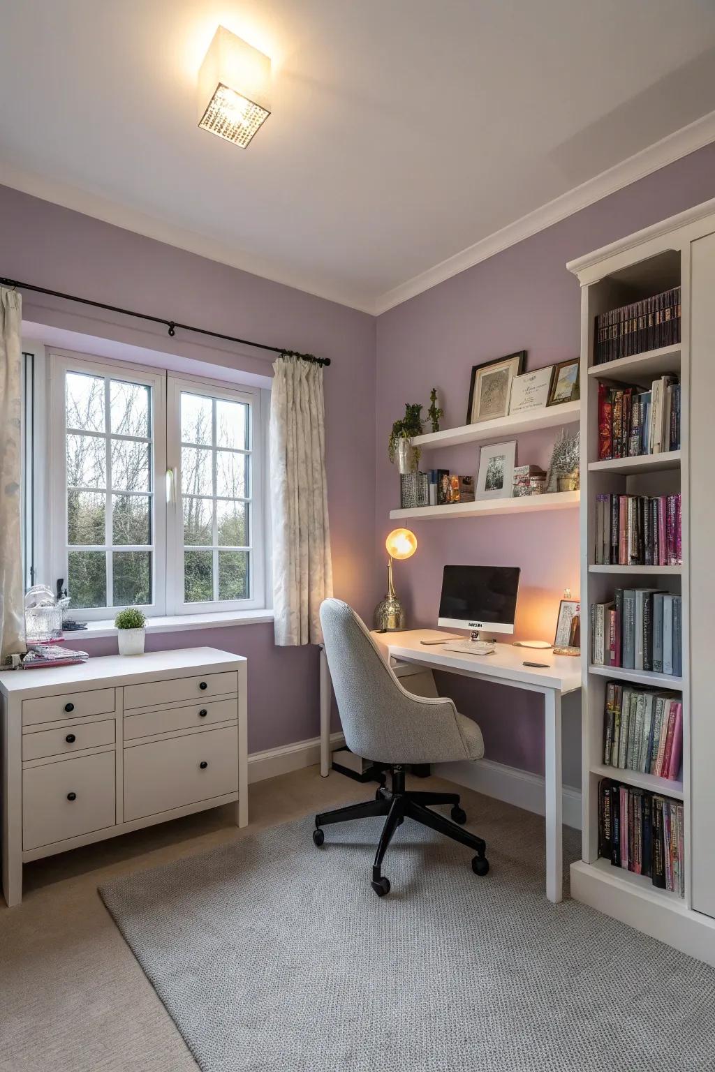 Lavender walls add elegance and tranquility to this serene home office.