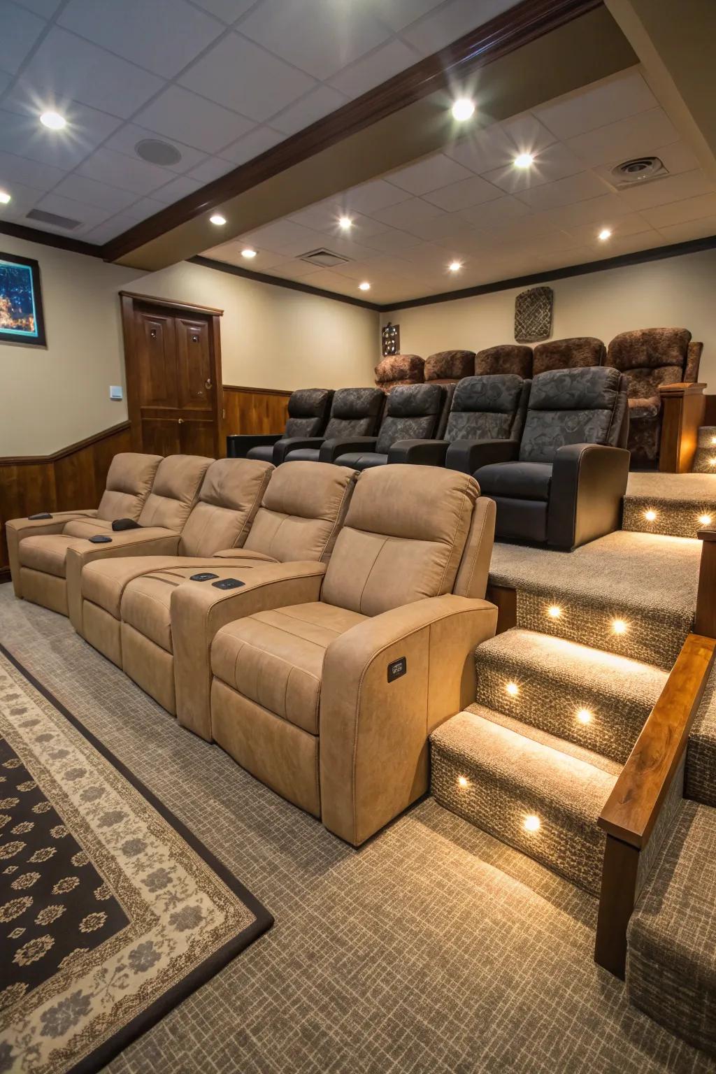 Mixed seating styles add versatility and comfort to your home theater.