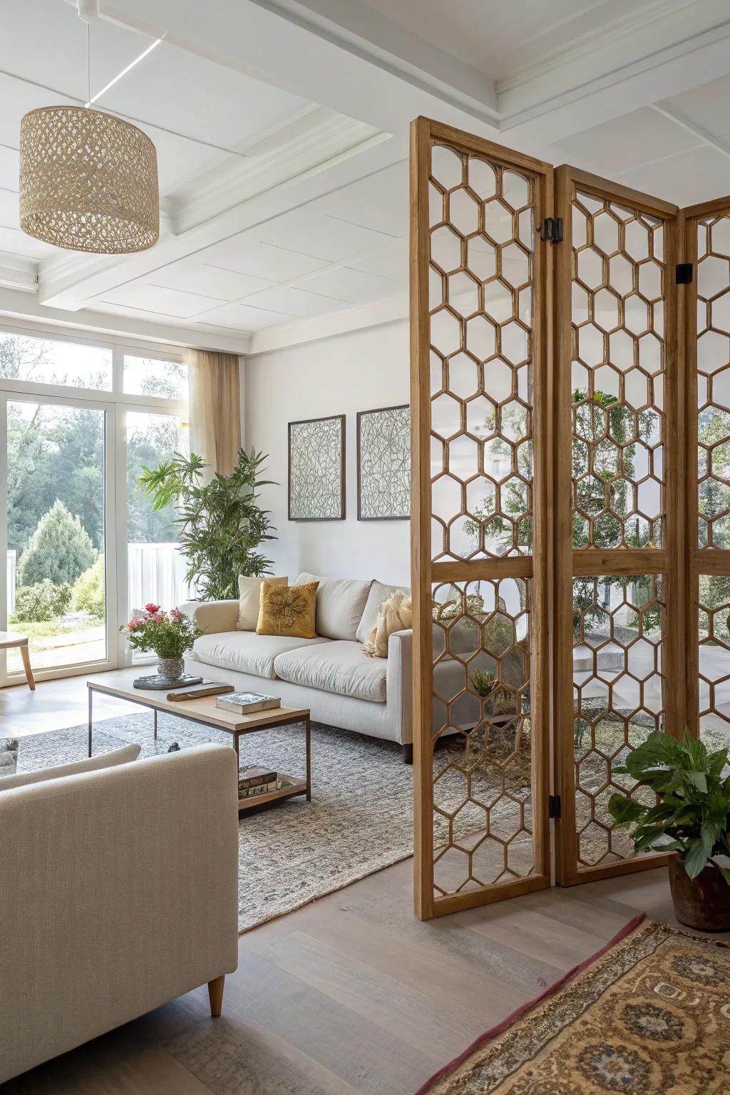 Stylishly divide spaces with a honeycomb room divider.