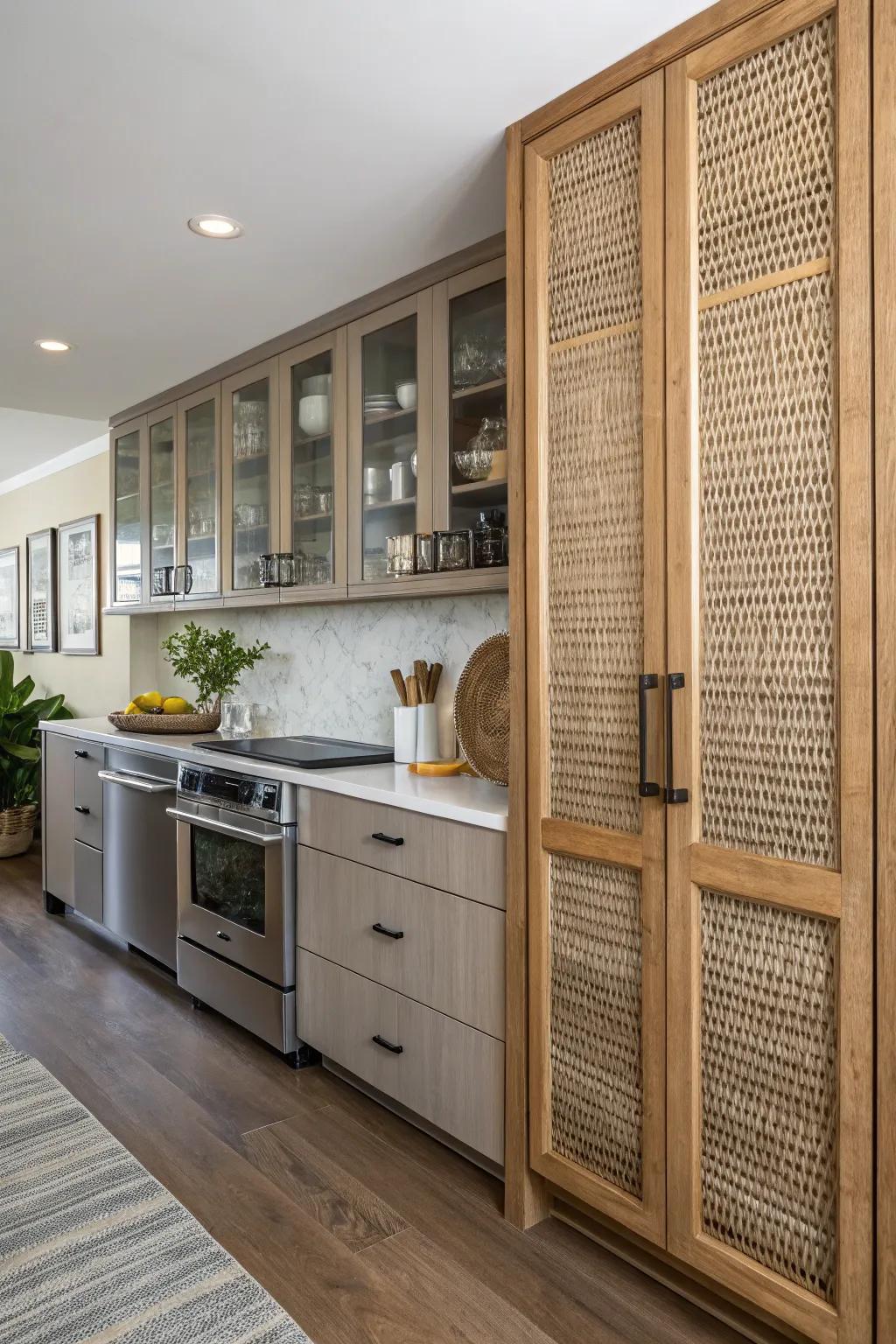 A kitchen enhanced by the texture of woven cabinet doors.