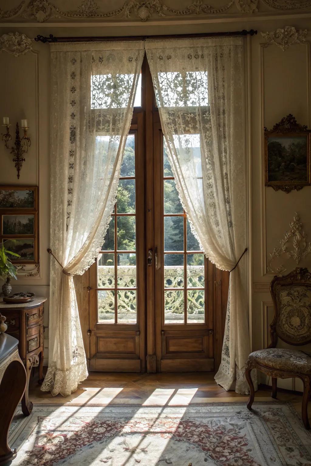 Lace curtains bring a vintage charm and lightness to French doors.