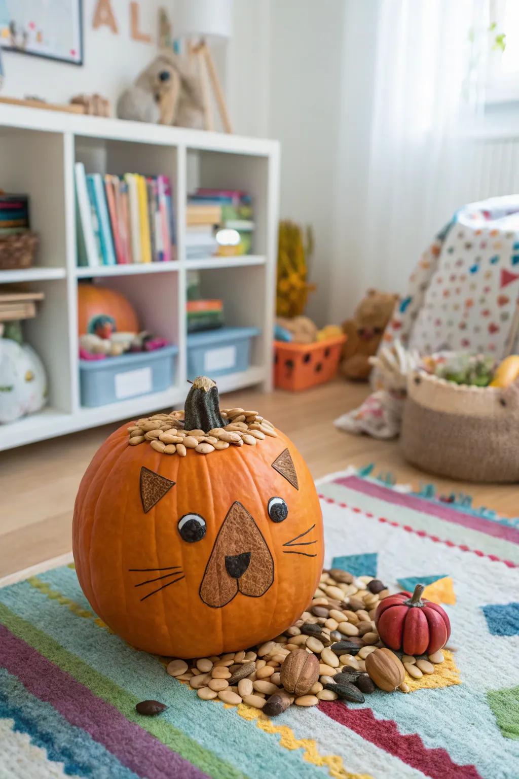 An animal-themed pumpkin that adds a playful touch.