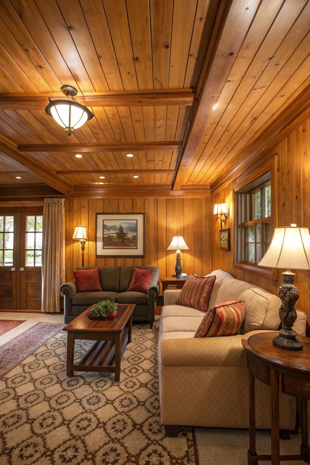 A cozy room with warm wood paneling on the ceiling.