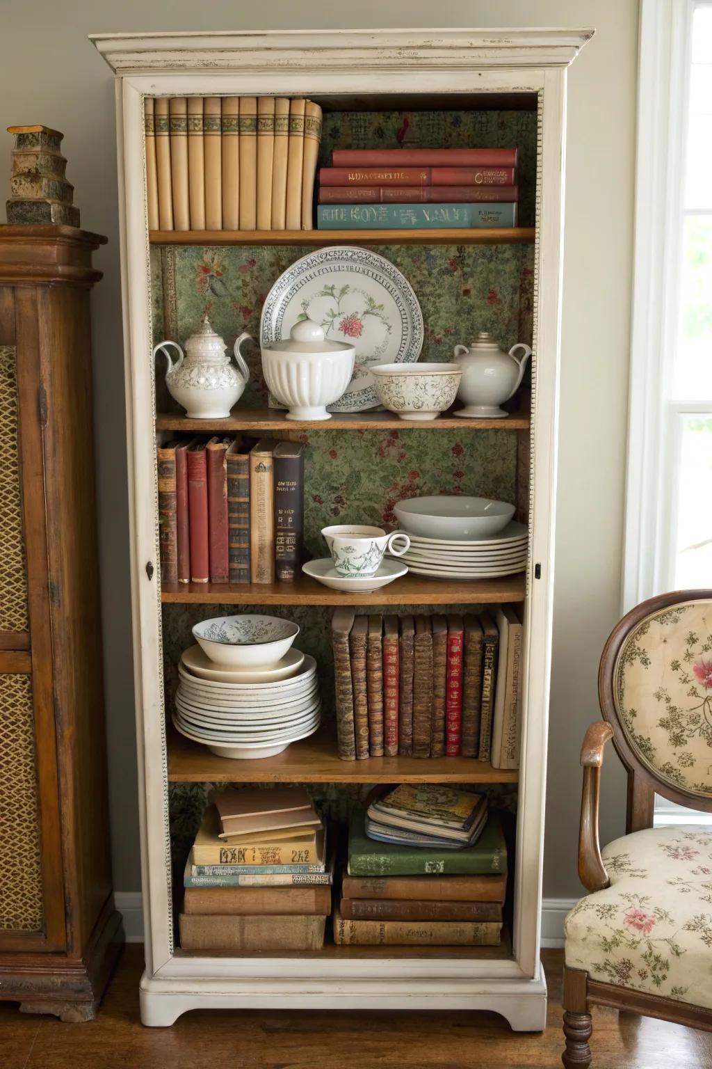 A bookcase repurposed to display a mix of books and china.