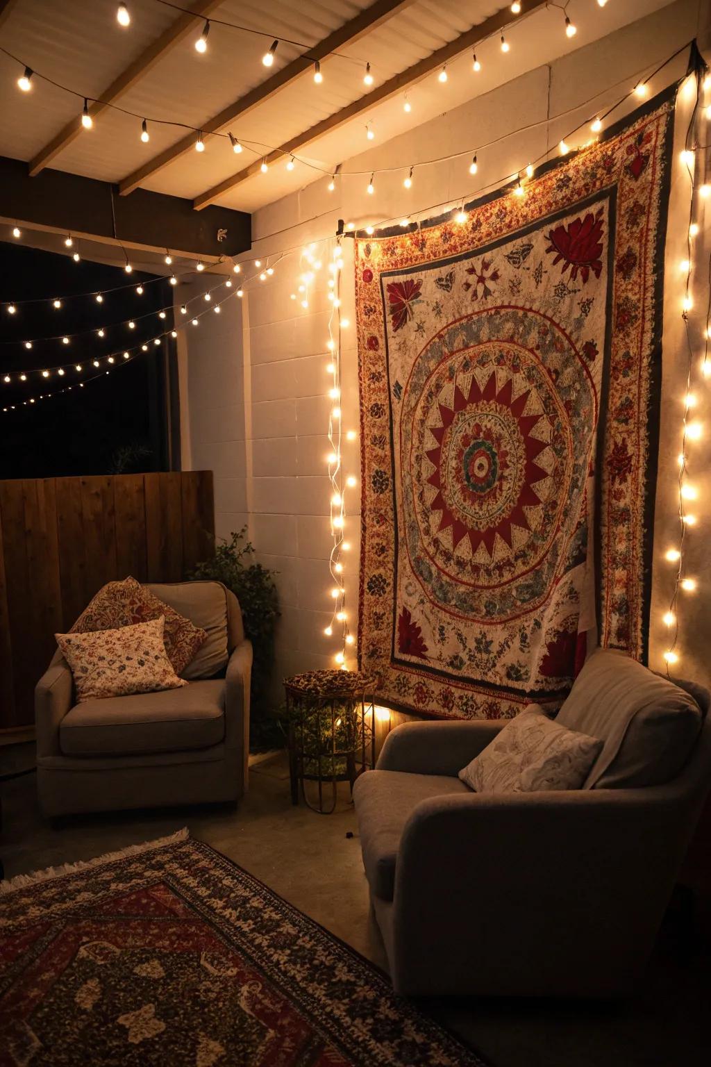 Twinkle lights add a touch of enchantment to your tapestry.