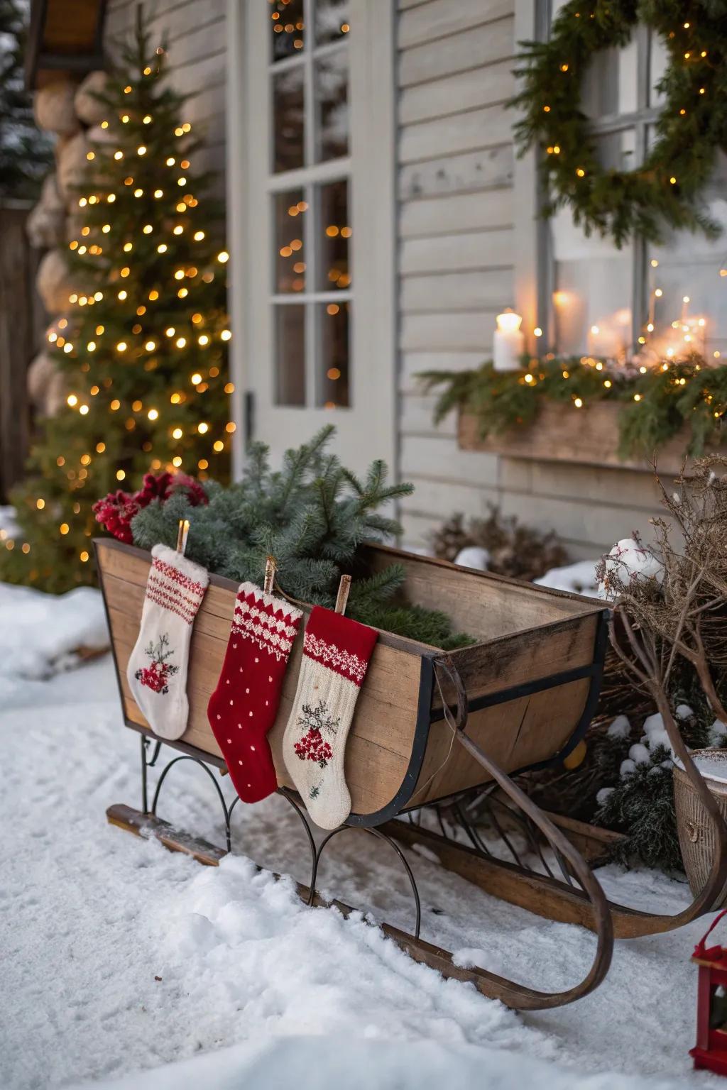 A vintage sled transforms into a charming and rustic stocking holder.