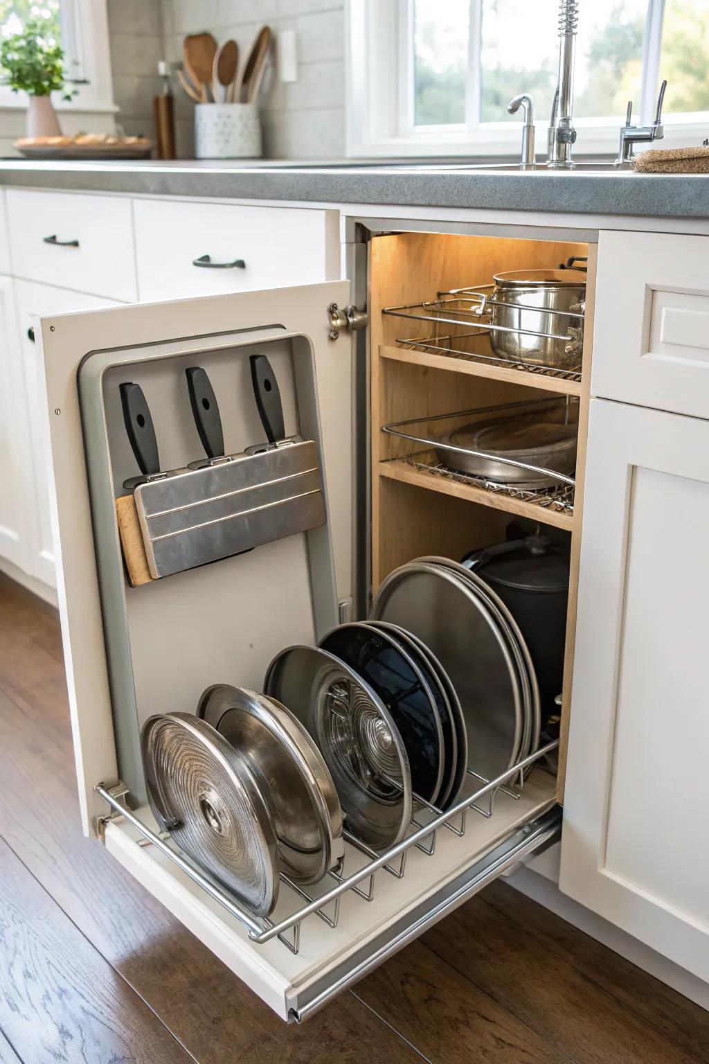 Tension rods keep items upright and organized.