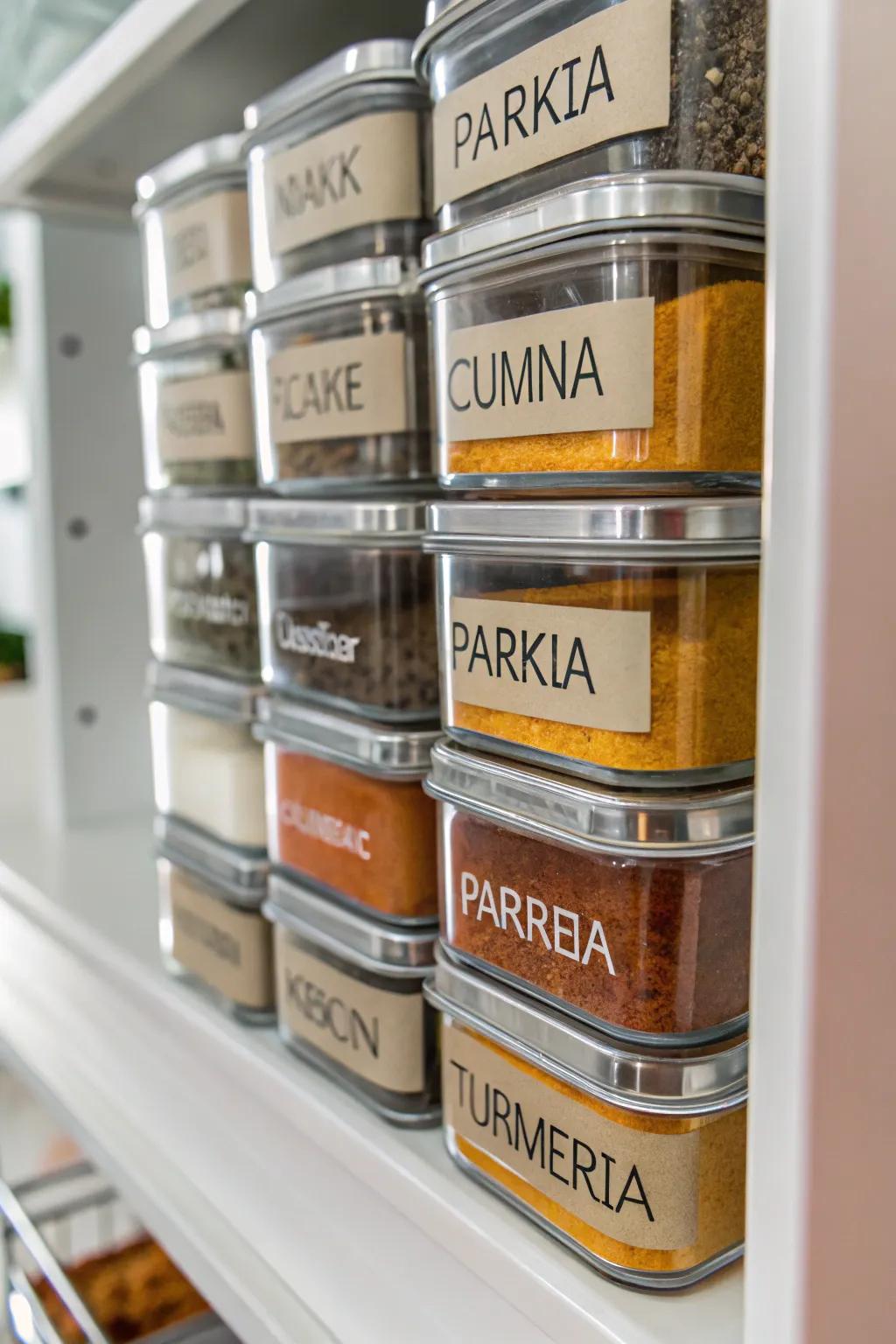 Stackable tins provide compact vertical spice storage.