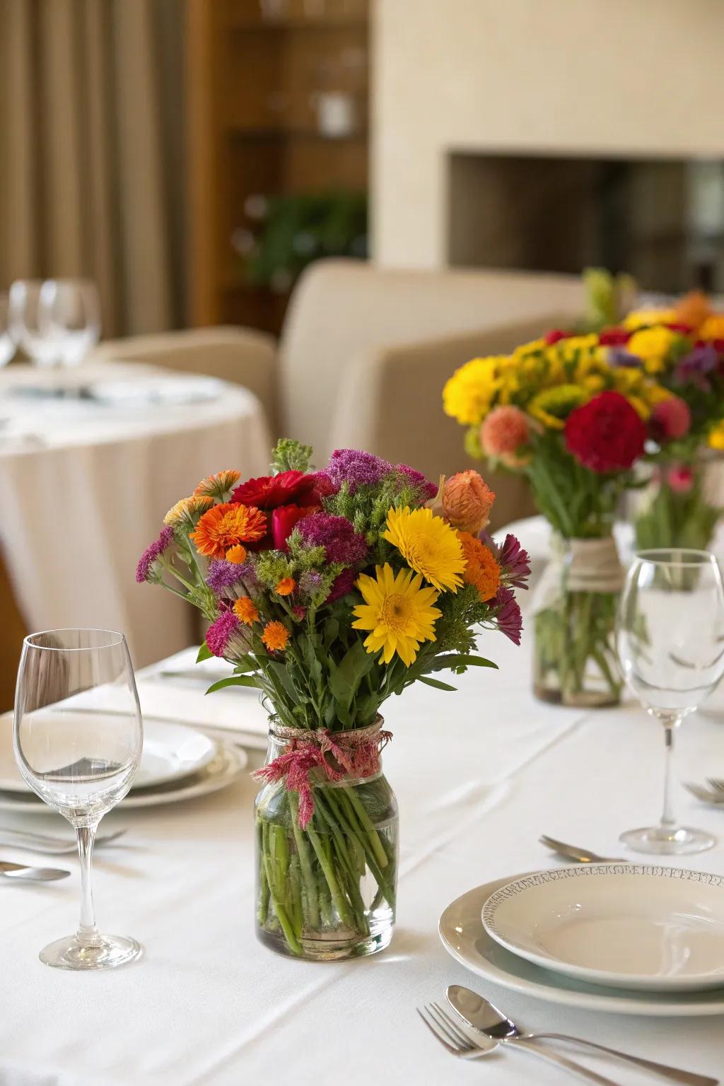 Compact bouquets in small vases perfect for table settings.