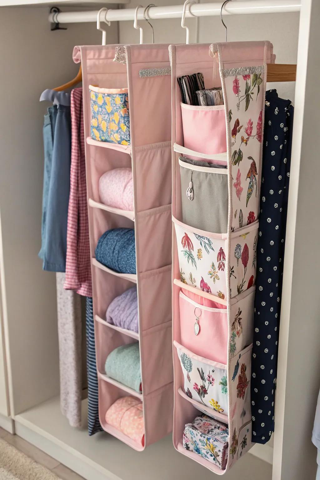 Keep your leggings neatly stored with hanging fabric shelves.