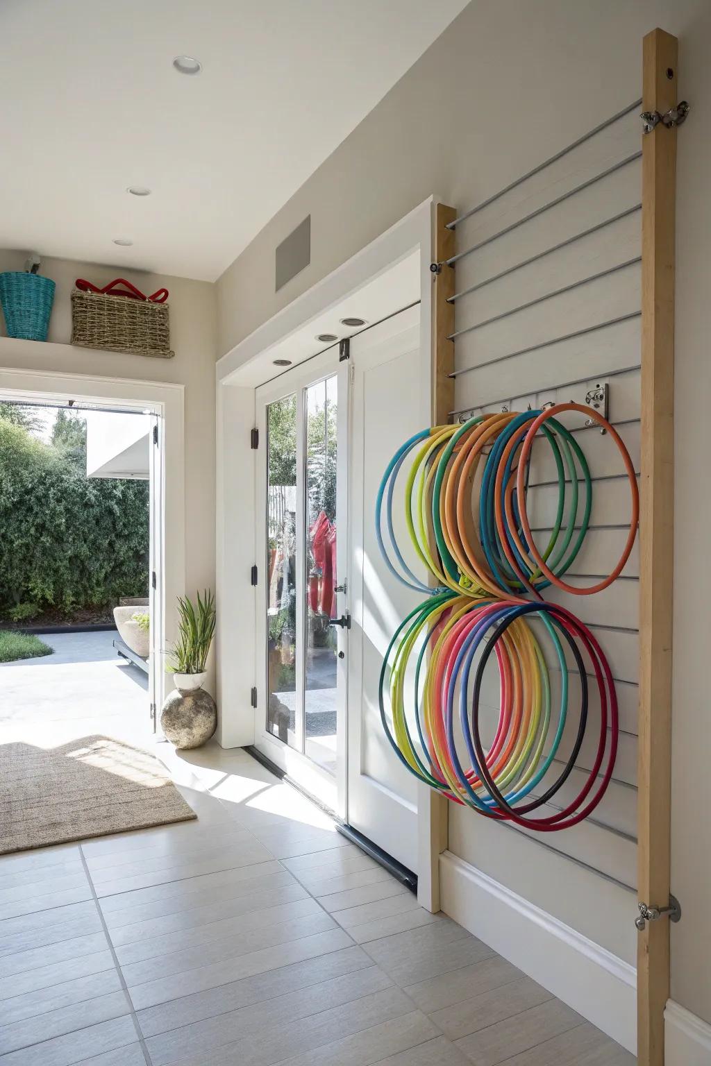 Hula hoops stored on an over-door rack, maximizing space and accessibility.