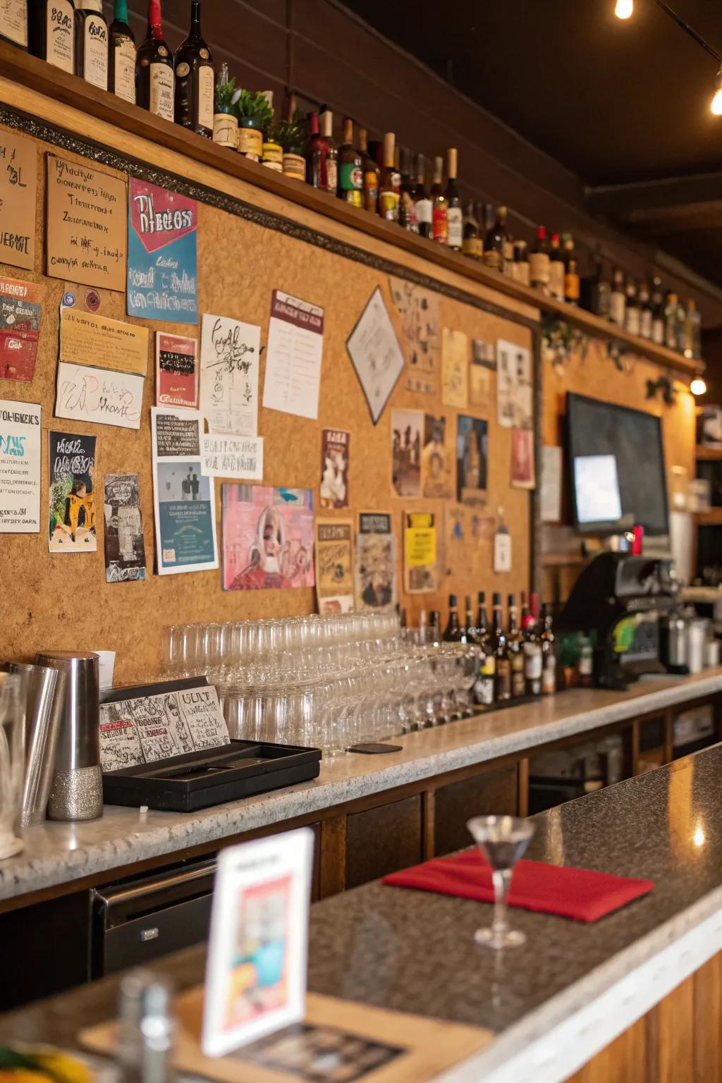 Cork board walls offer a creative and interactive feature.