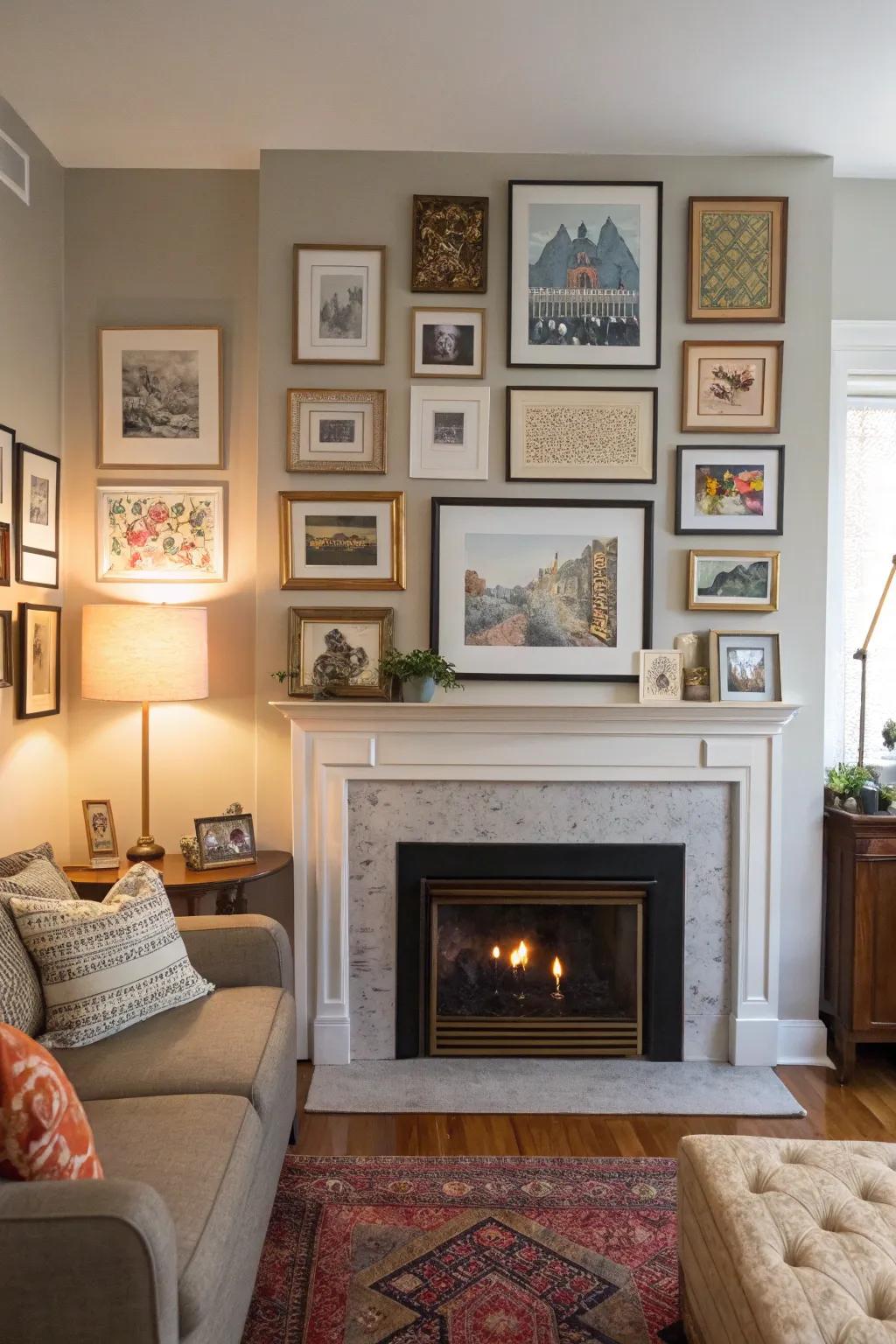 A living room featuring a gallery wall above a fireplace, turning it into an artful centerpiece.