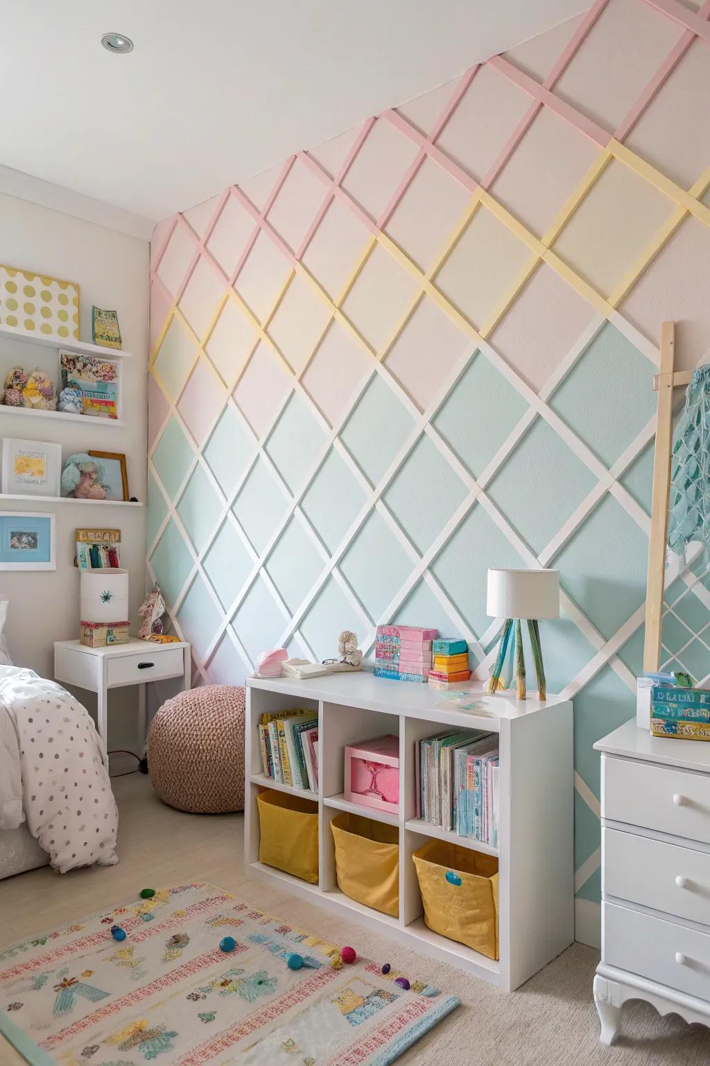 Pastel lattice wall creating a lively and inviting atmosphere.