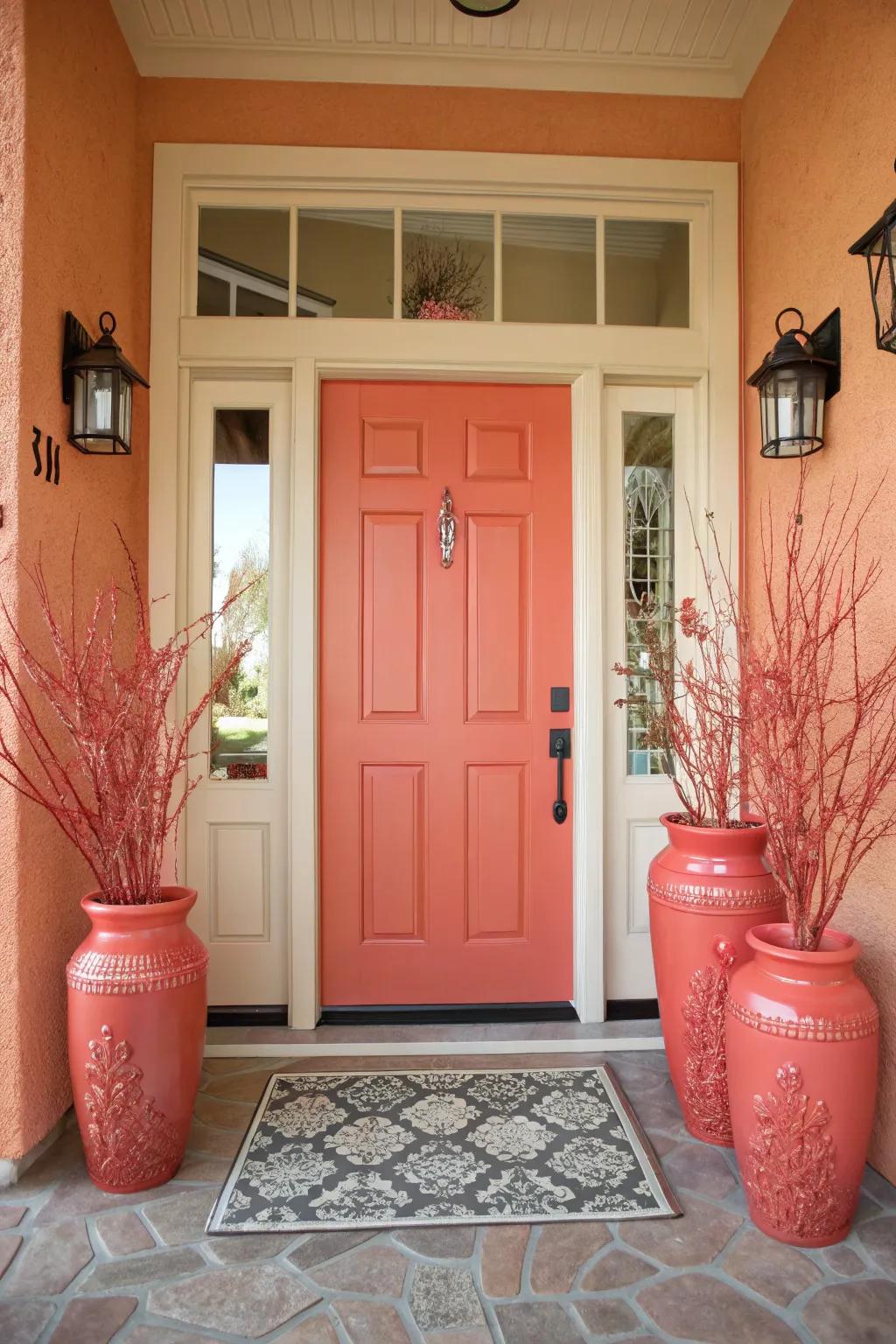 A coral door providing a soft and welcoming entryway.