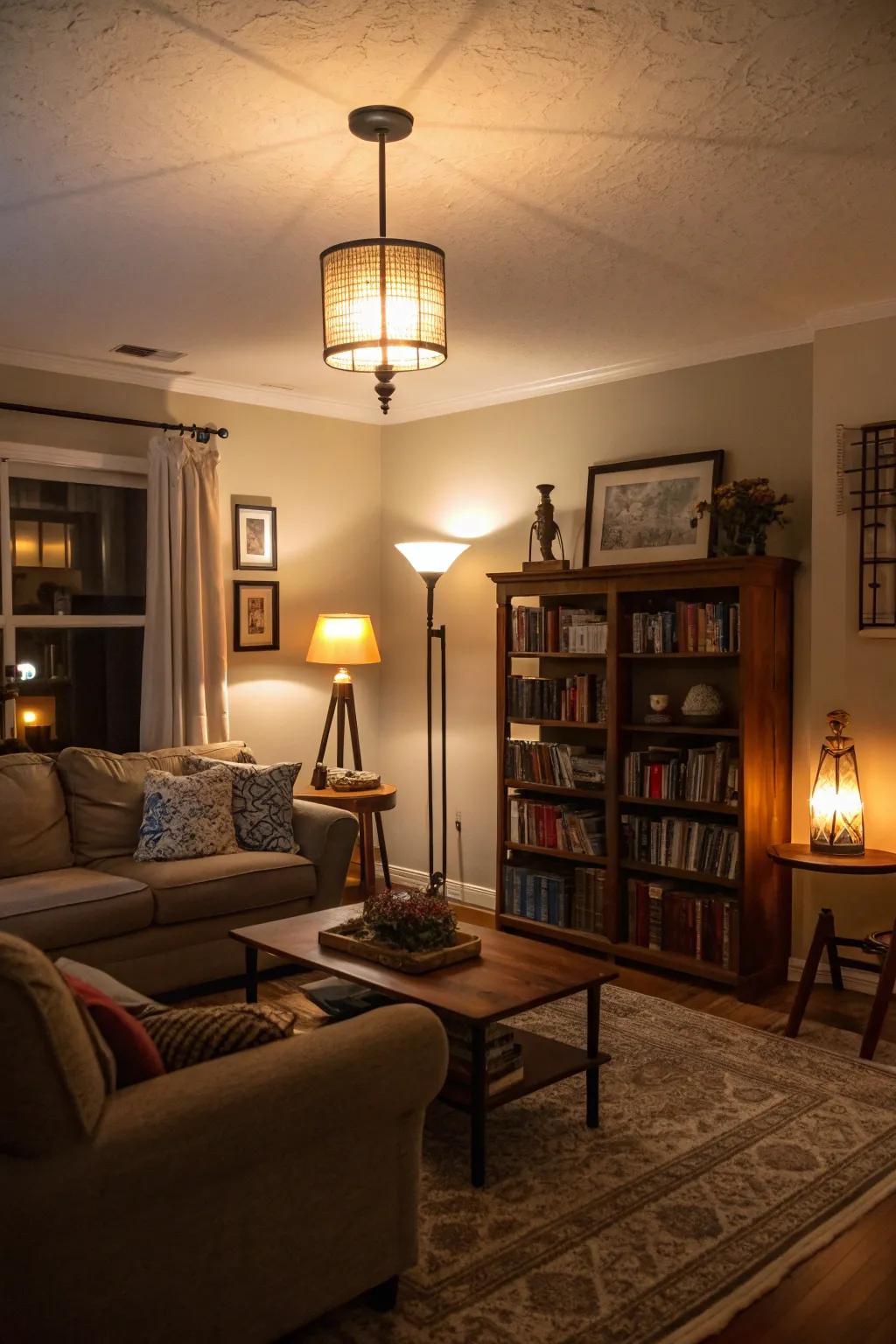 Dimmable lighting creating versatile atmospheres in a living room.