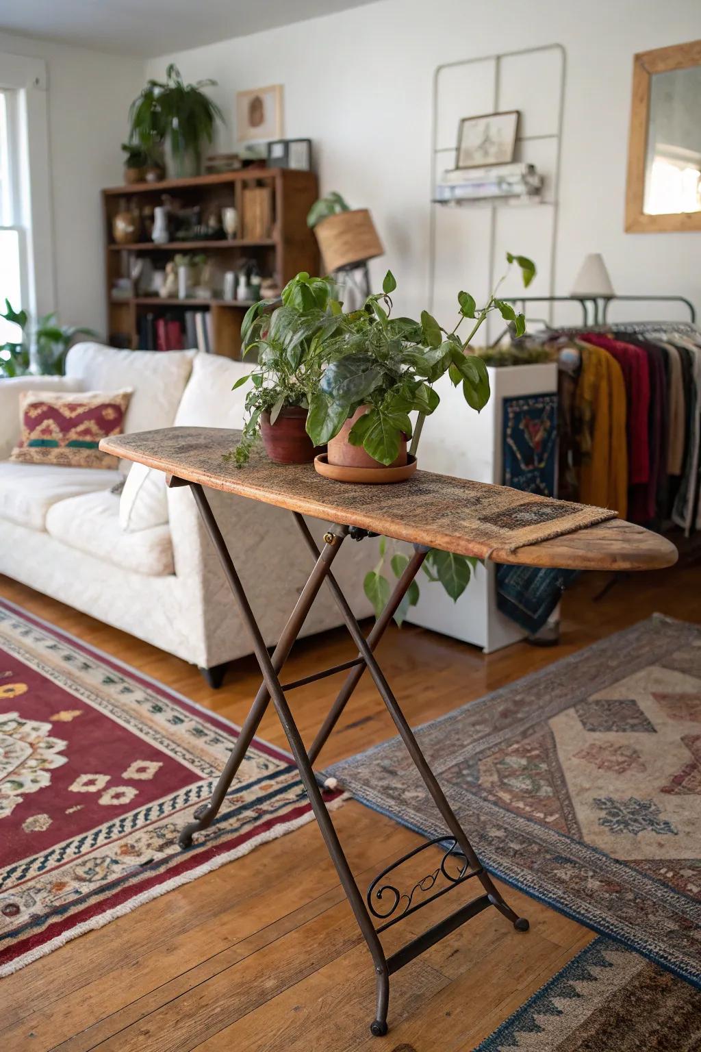 A vintage ironing board creatively repurposed as a plant stand.