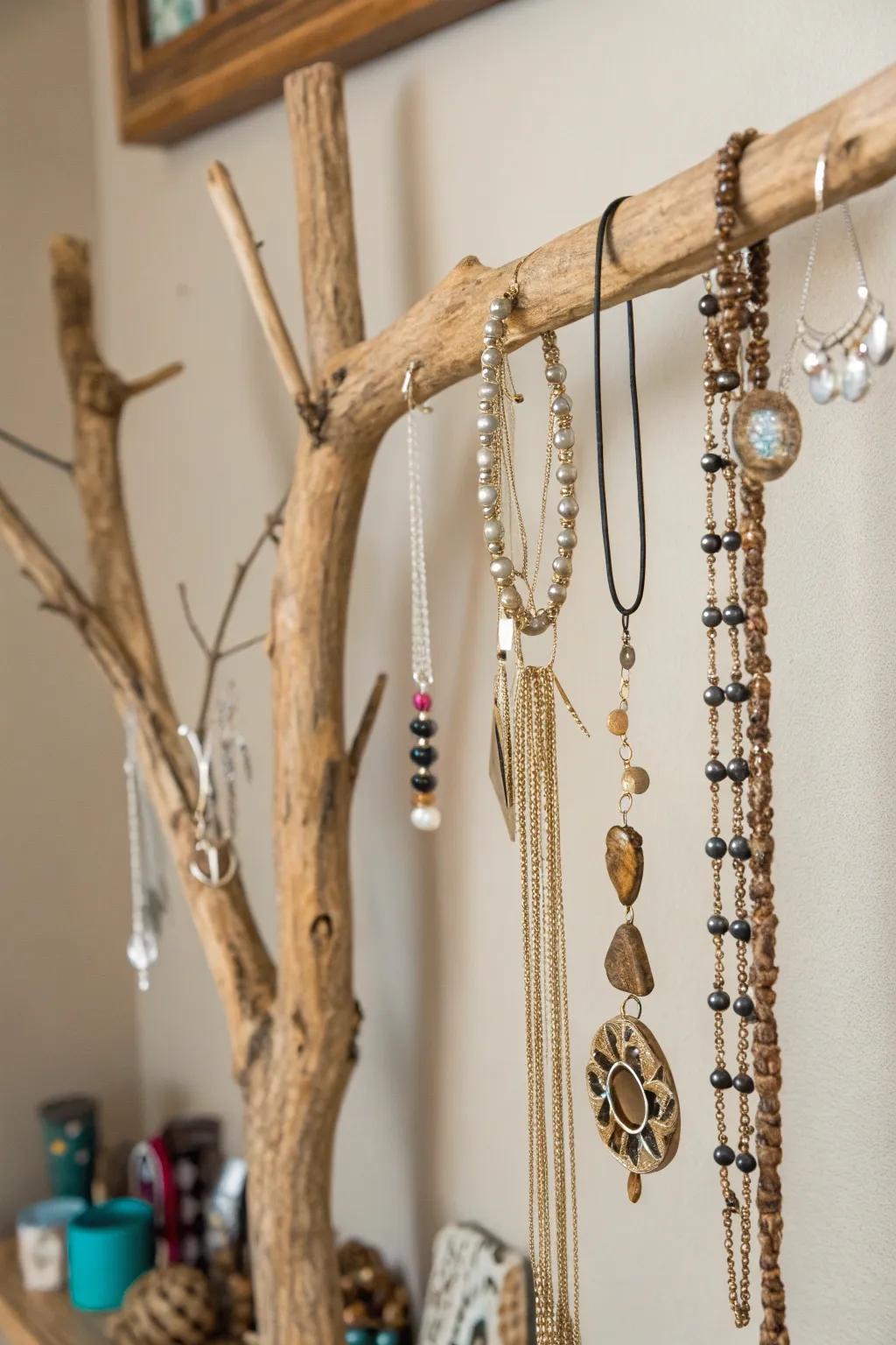 Whimsical hanging branch jewelry display