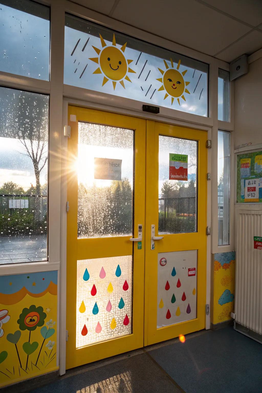 A kindergarten door with weather patterns including sunshine and rain.