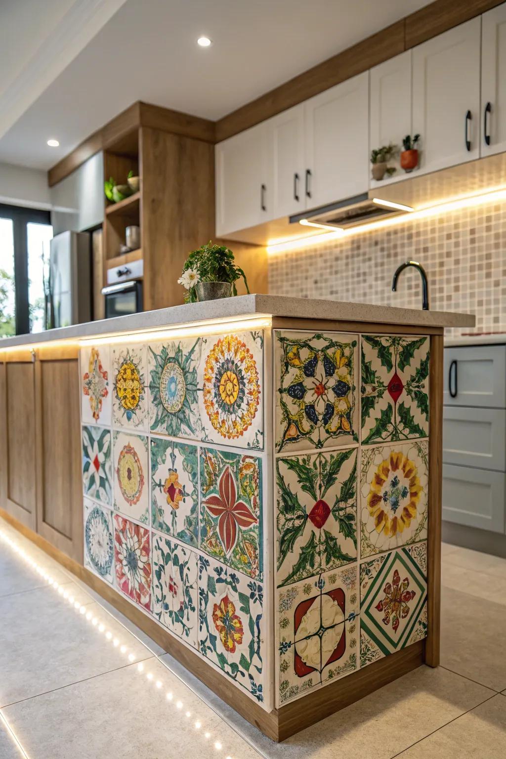 Artistic tiles add color and personality to this kitchen island, creating an eye-catching focal point.