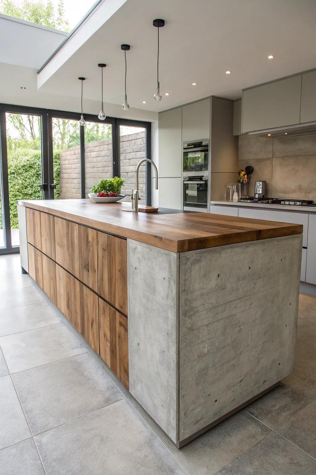 Concrete side panels provide an industrial chic aesthetic to your kitchen.