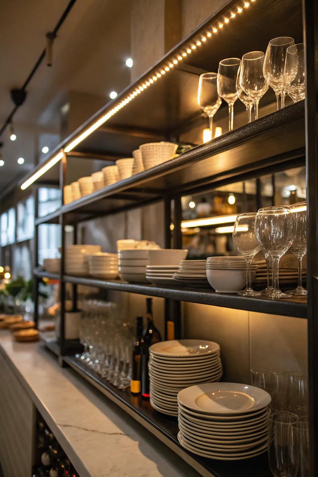 Ambient lighting can highlight your kitchen racks and create a warm atmosphere.