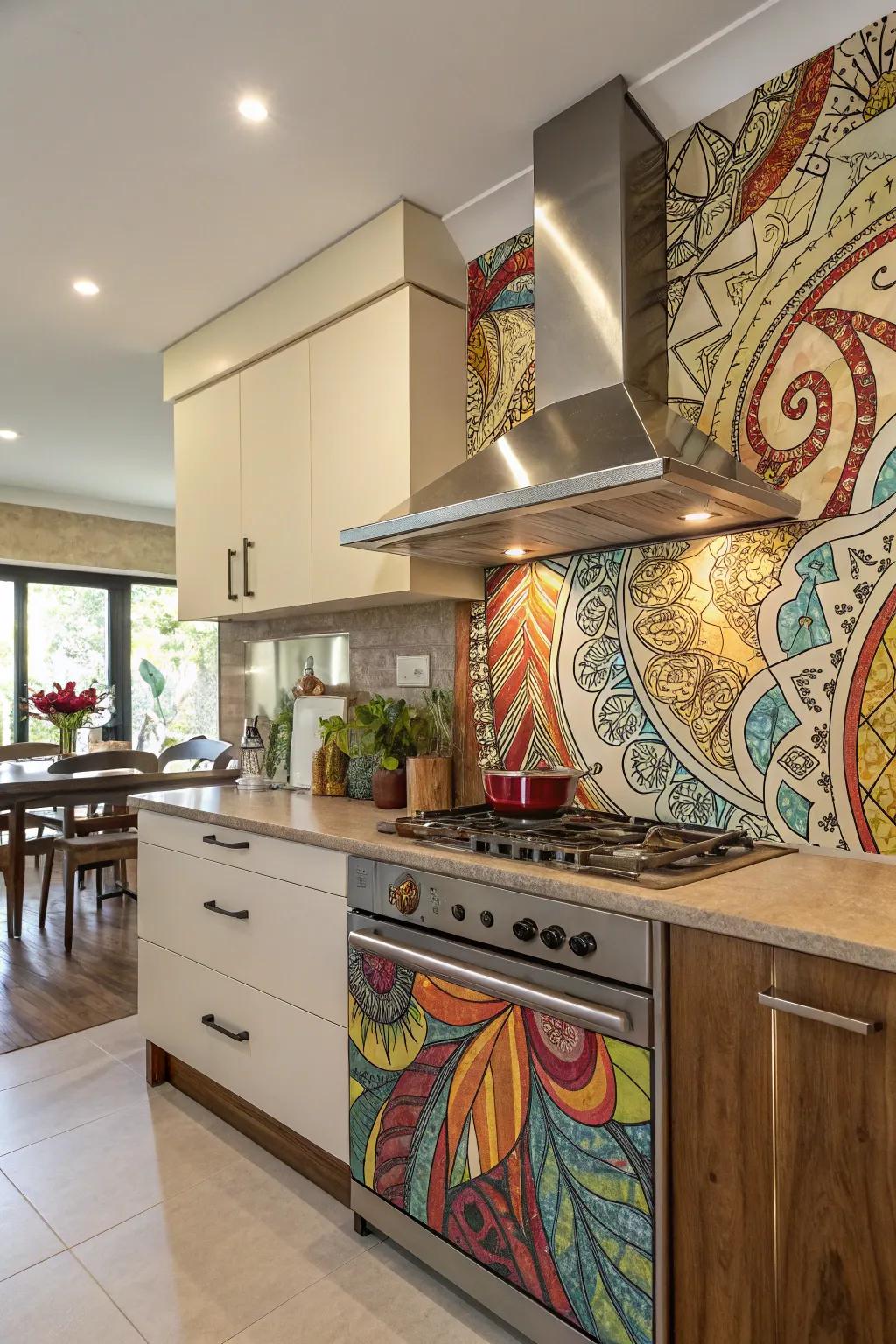 An artistic splashback in a kitchen, adding unique style and functionality.