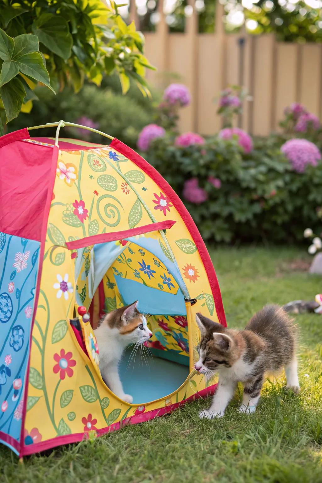 A versatile play tent that offers a secure space for kittens both indoors and out.