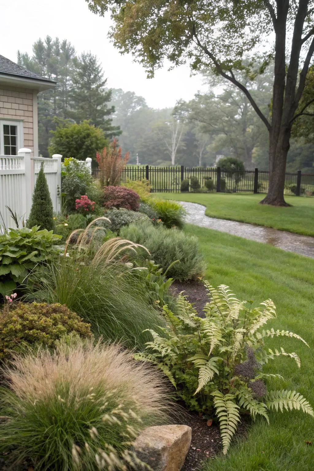 A variety of plant textures creates a rich and inviting landscape.