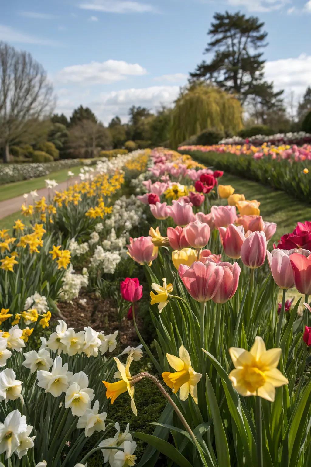 A mass planting of tulips creating a dramatic and vibrant garden display.