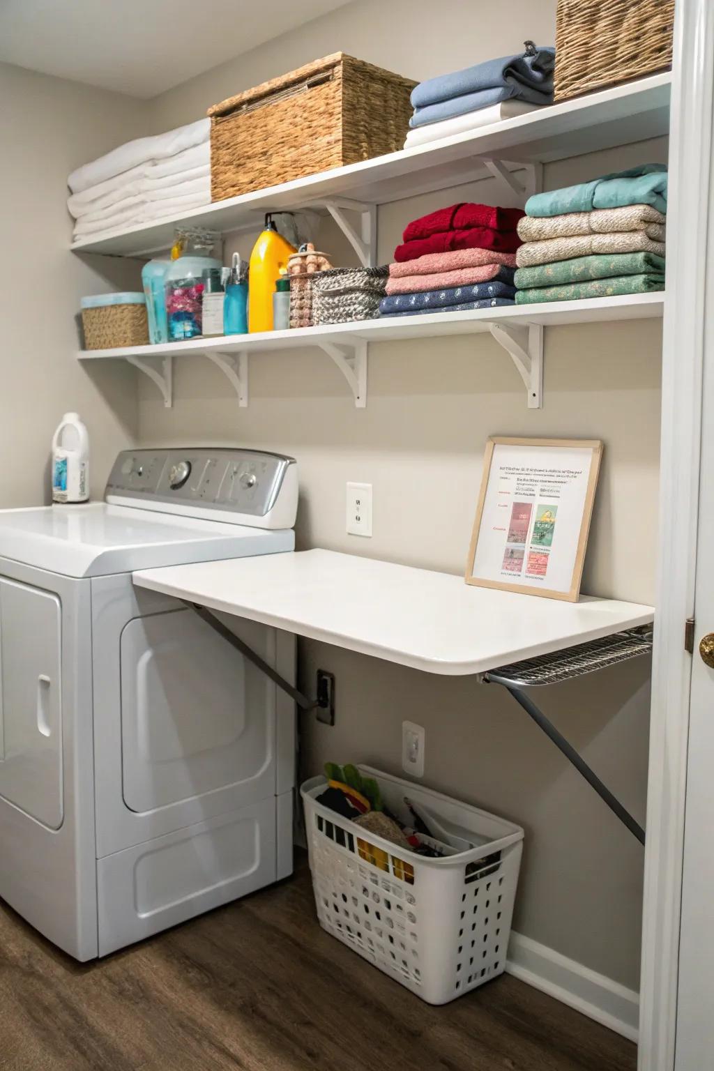 A folding table provides a handy workspace without taking up space.