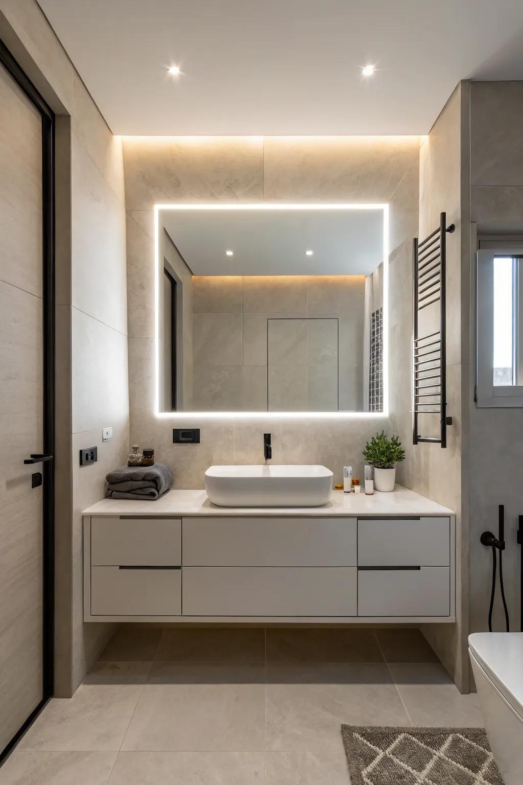 A minimalist bathroom with a frameless LED mirror that emphasizes simplicity.